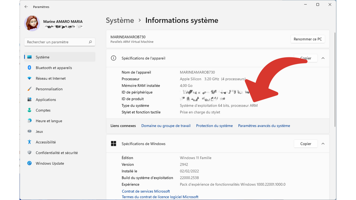 Consulter le type de processeur. Ici le PC est compatible avec Windows 11 ARM puisque c'est un processeur ARM © Clubic