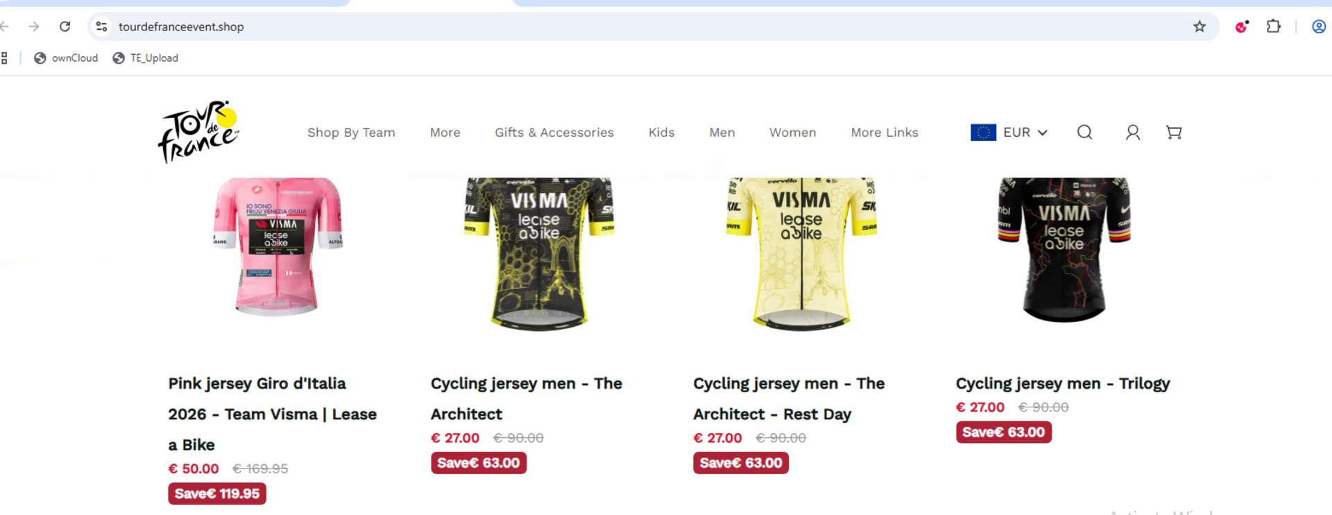 tourdefranceevent[.]shop, une boutique en ligne de contrefaçon reprenant le logo et l'identité visuelle du Tour de France, avec des maillots d'équipes affichés à prix cassés (jusqu'à -70 %) pour inciter à l'achat impulsif. © Check Point Research
