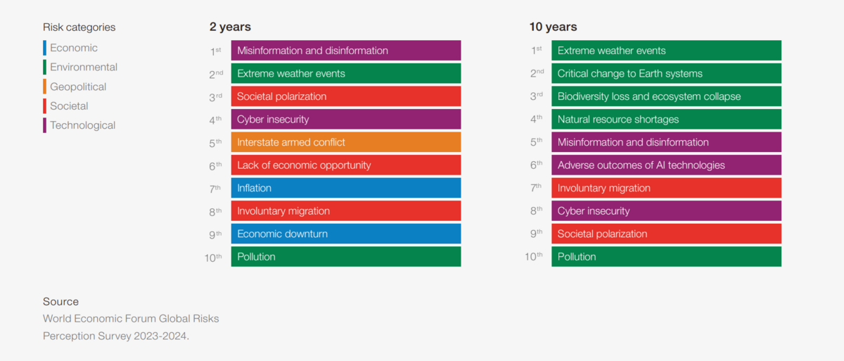   Le classement des risques mondiaux selon le WEF, à court et long terme  © World Economic Forum Global Risks 