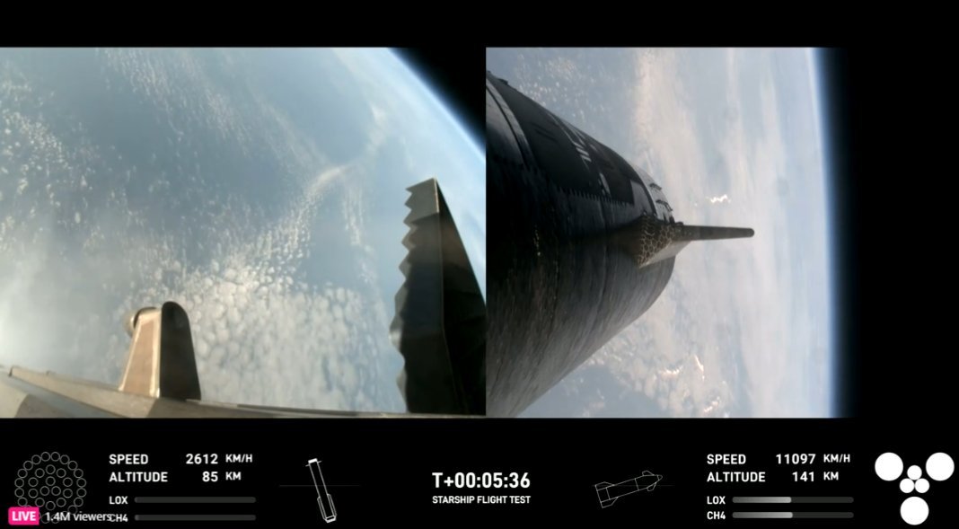 Les flux vidéo du booster et du Starship n'ont pas flanché, assurant un superbe spectacle. © SpaceX