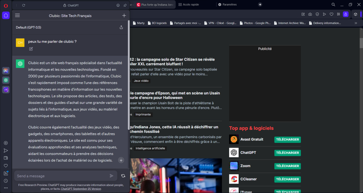 Opera - Une requête sur ChatGPT