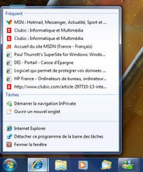 La SuperBar encore avec un clic droit sur l'icône d'Internet Explorer 8.0