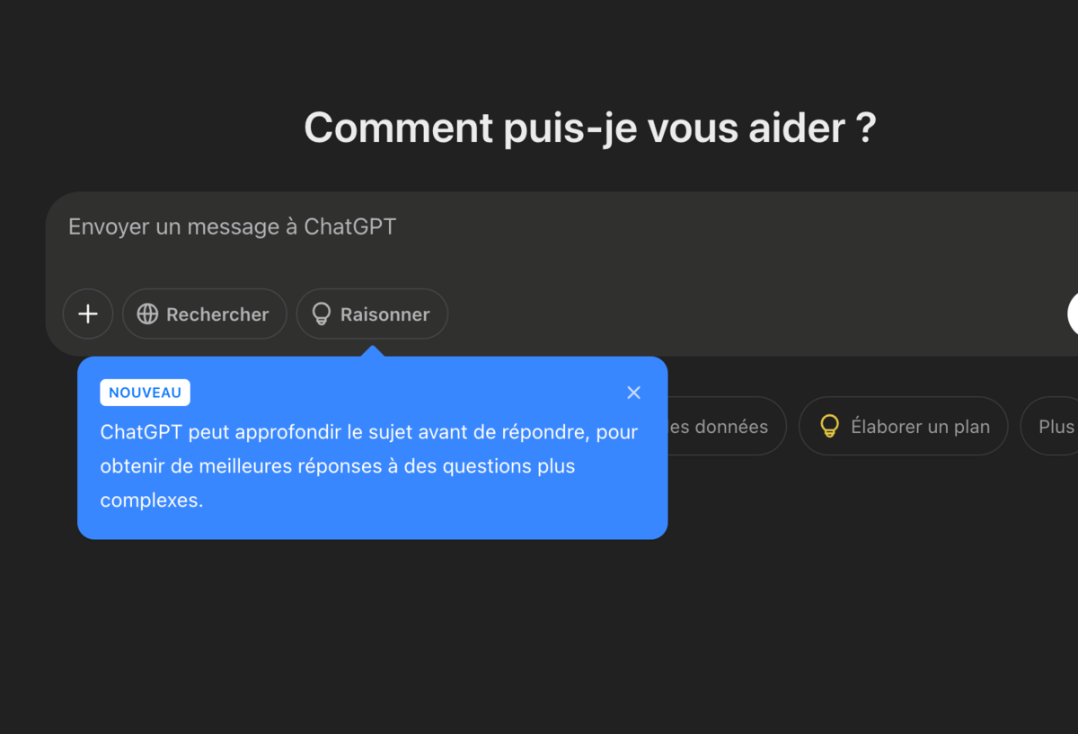 o3-mini n'est pas explicitement sélectionnable, il faut utiliser le bouton "Raisonner" avant de lancer sa requête. © Clubic