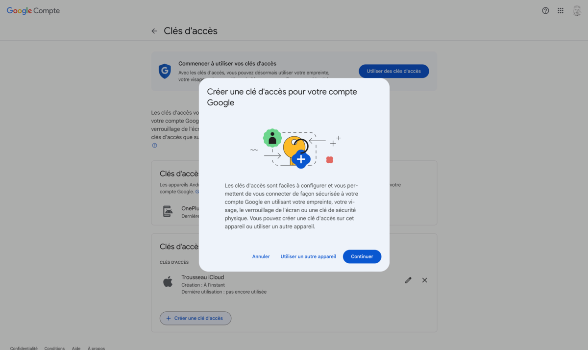 Google clé d'accès