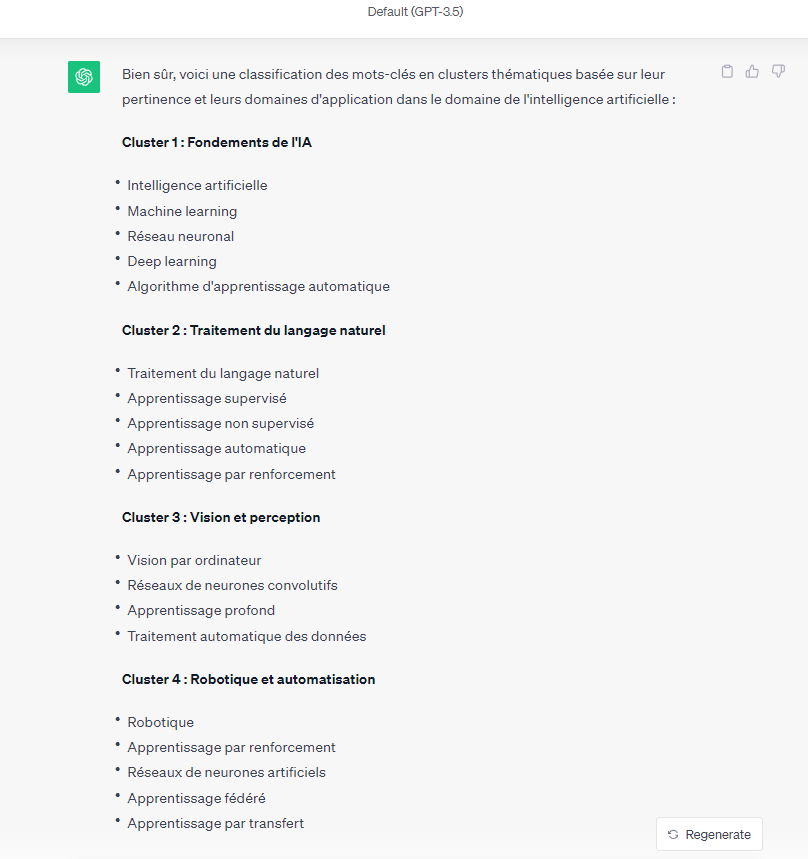 Classification de mots-clés en clusters thématiques par ChatGPT © Clubic