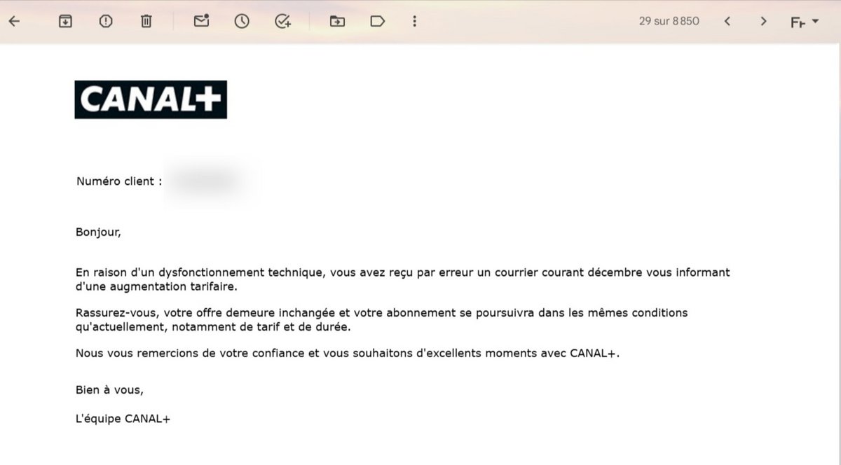 Voici l'e-mail reçu de Canal+ par certains abonnés © Clubic