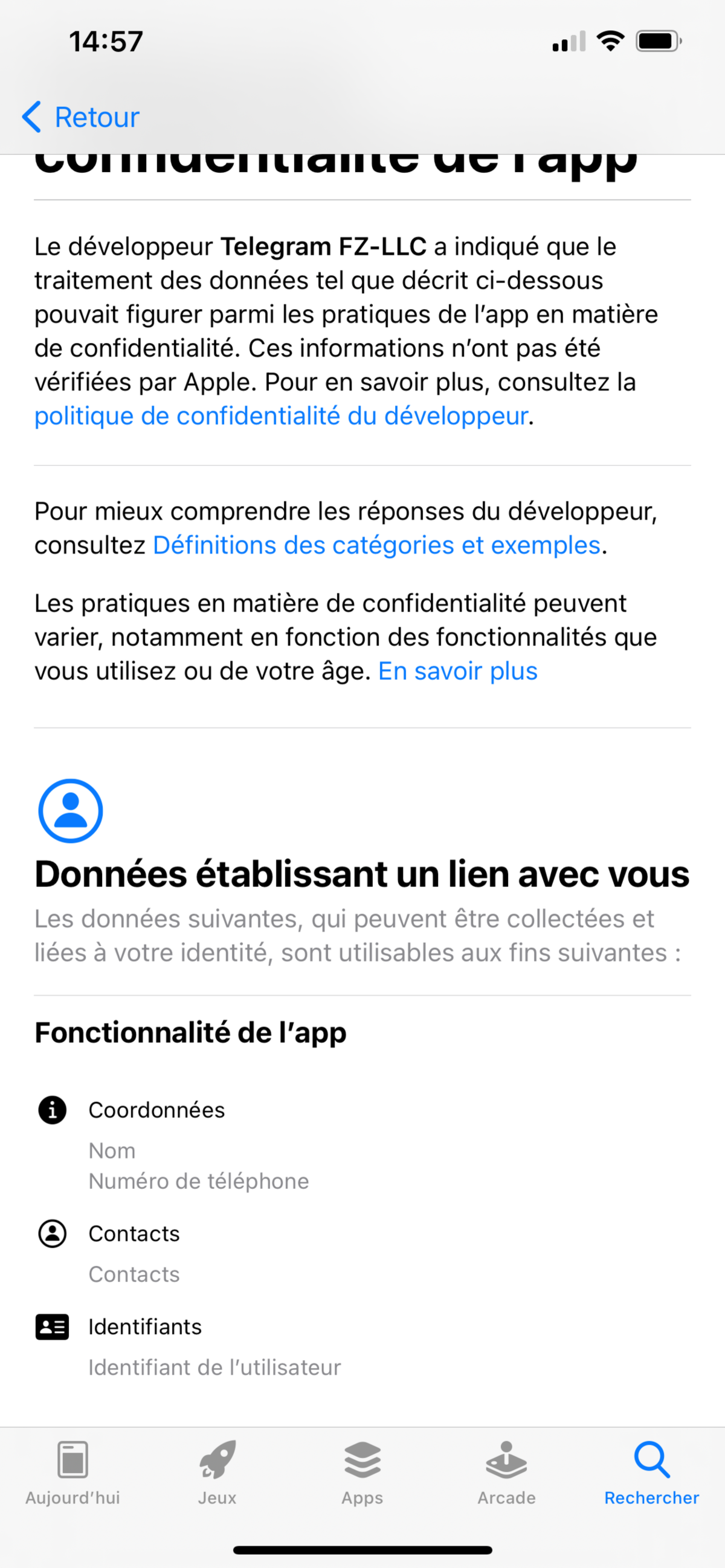 La politique de confidentialité de Telegram. Capture d'écran App Store.