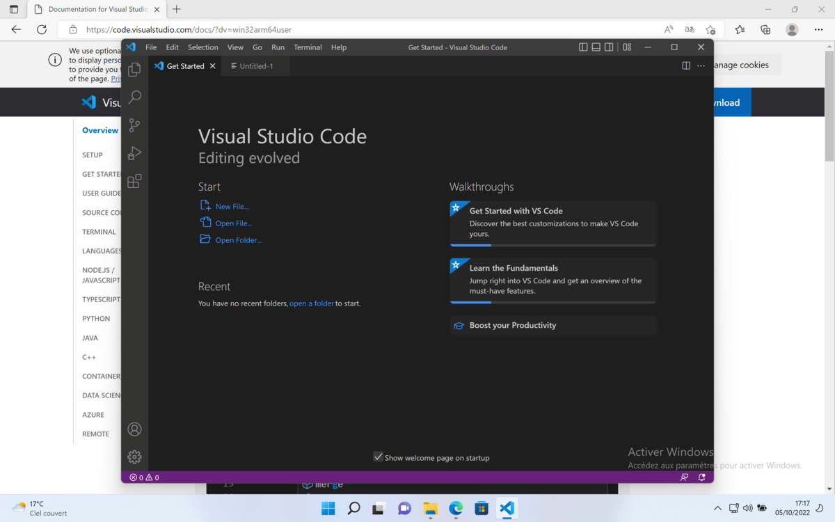 La page d'accueil de Visual Studio Code avec des raccourcis pratiques pour la création de nouveaux fichiers, l'ouverture de dossiers et l'accès aux paramètres essentiels pour booster la productivité.