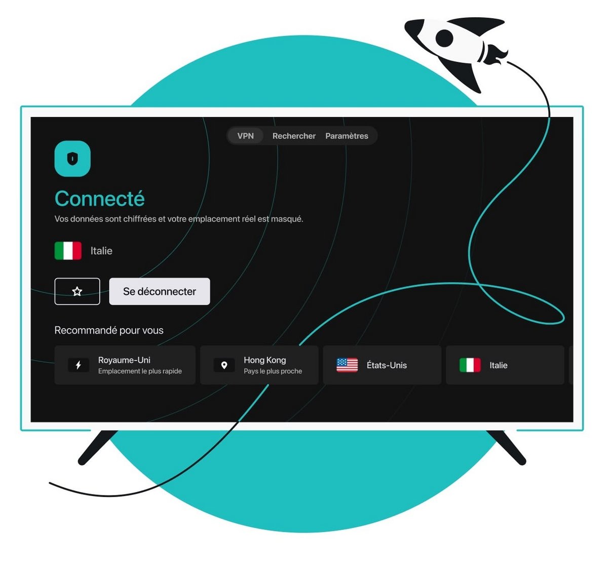 Surfshark convient aux salons multi‑écrans: illimité en connexions, Smart DNS pour TV et bonne tenue en 4K sur Netflix. © Surfshark