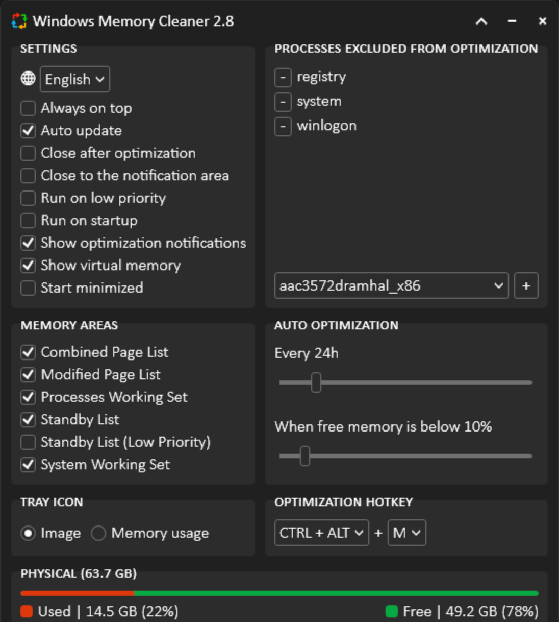 Les paramètres avancés permettant d’ajuster les zones mémoire et l’automatisation. - © Windows Memory Cleaner