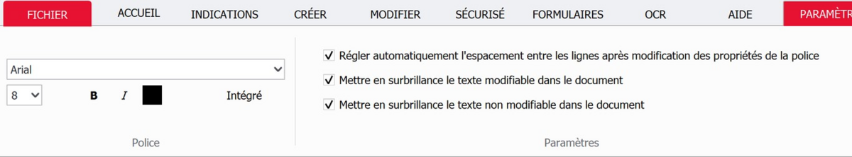 Onglet « Paramètres » de PDF Creator permettant de configurer la police, l’espacement du texte et la mise en surbrillance des éléments modifiables et non modifiables d’un document. - © PDF Creator