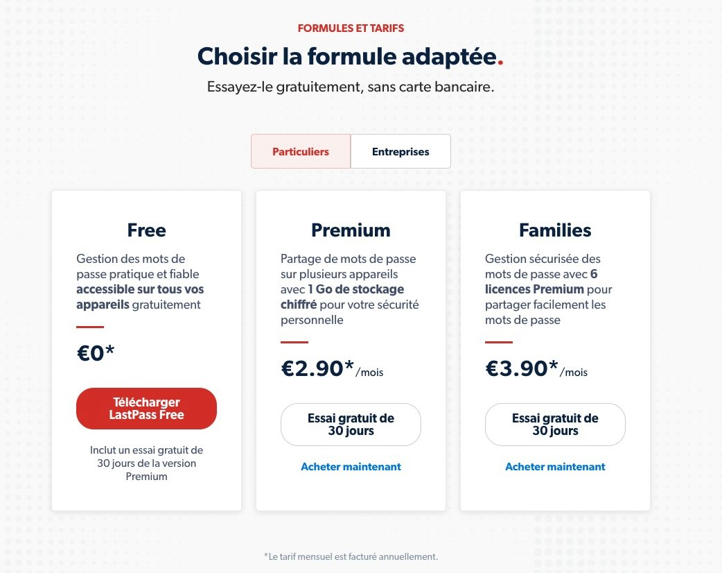 Capture d'écran des tarifs de LastPass.