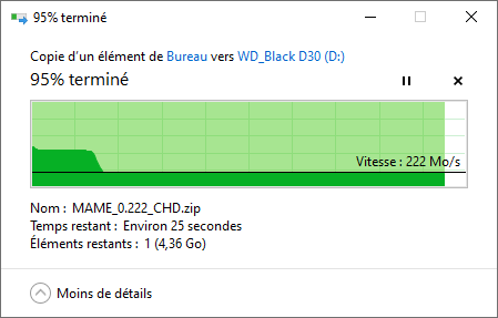 Débits observés en écriture sur une copie « simple » via Windows 10 © Nerces