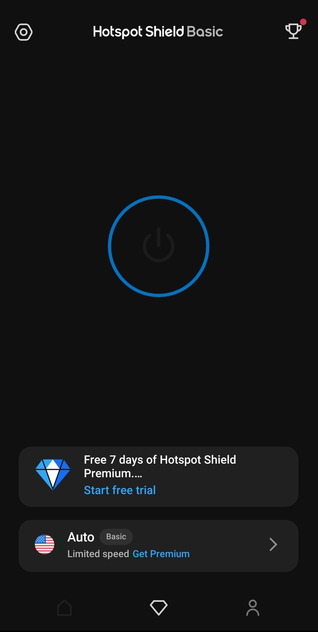 Hotspot Shield - L'interface de connexion