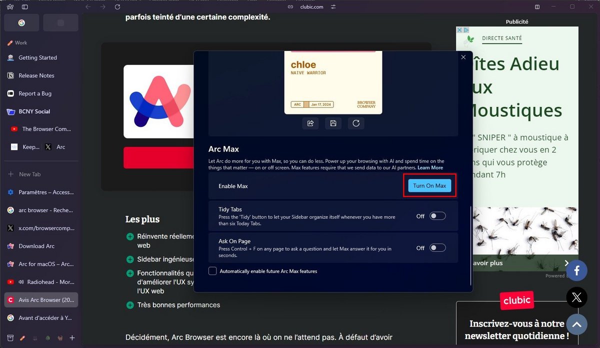 Arc Browser - activez Arc Max © Chloé Claessens pour Clubic 