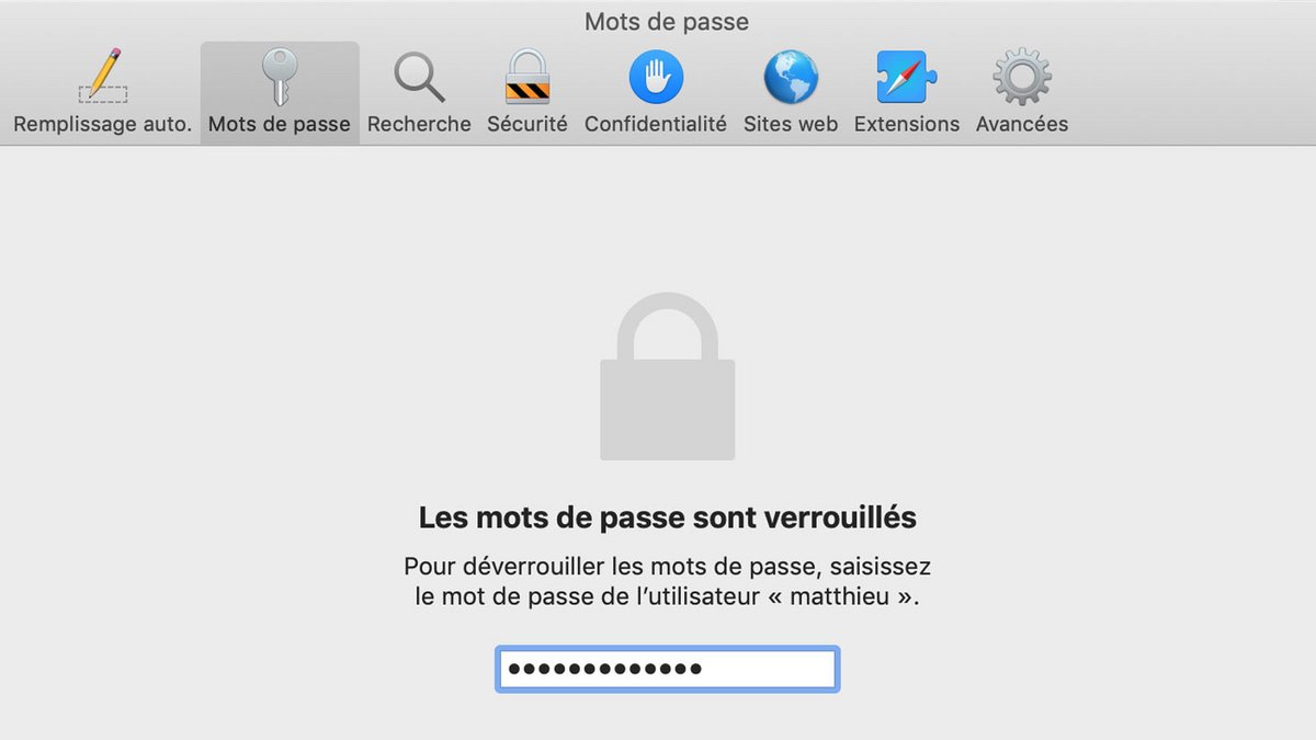 Safari - Confirmation du mot de passe de l'utilisateur