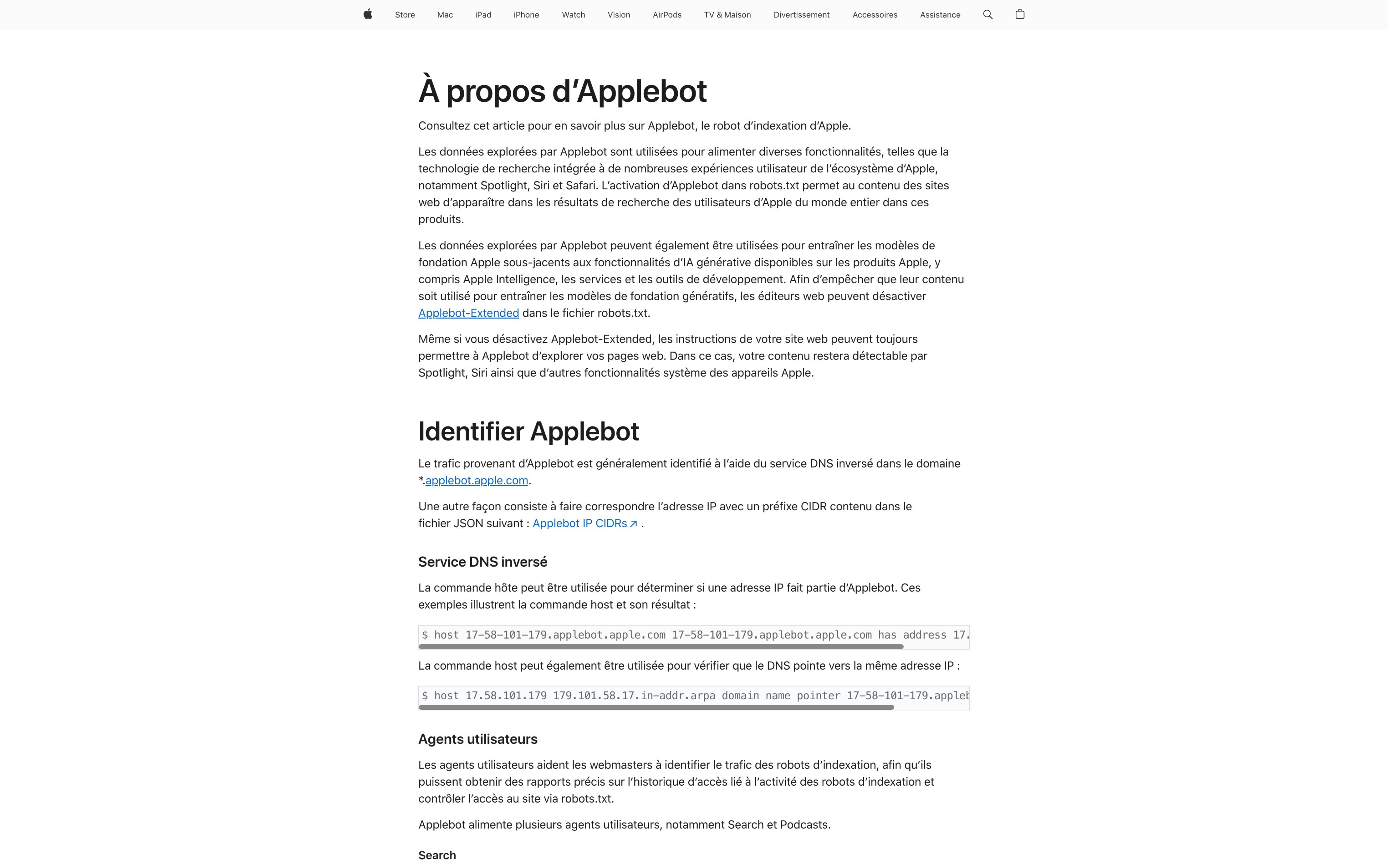 Page de support d'Apple décrivant le fonctionnement d'Applebot aux éditeurs de sites web. © Apple