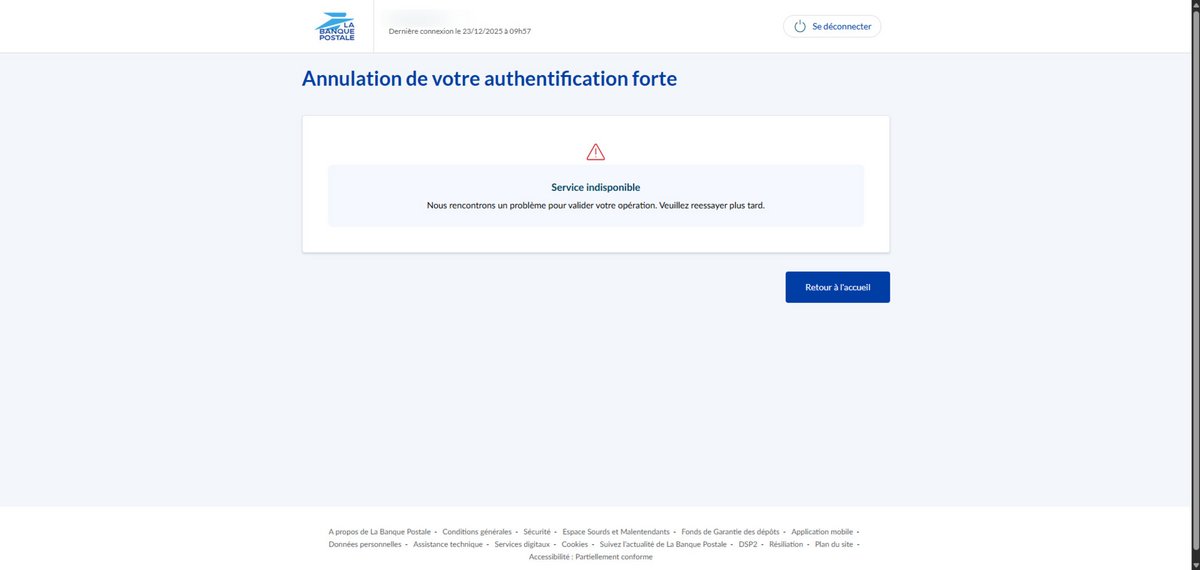Voici la page que vous avez peut-être rencontré ce mardi, si vous êtes client Banque Postale. © Clubic