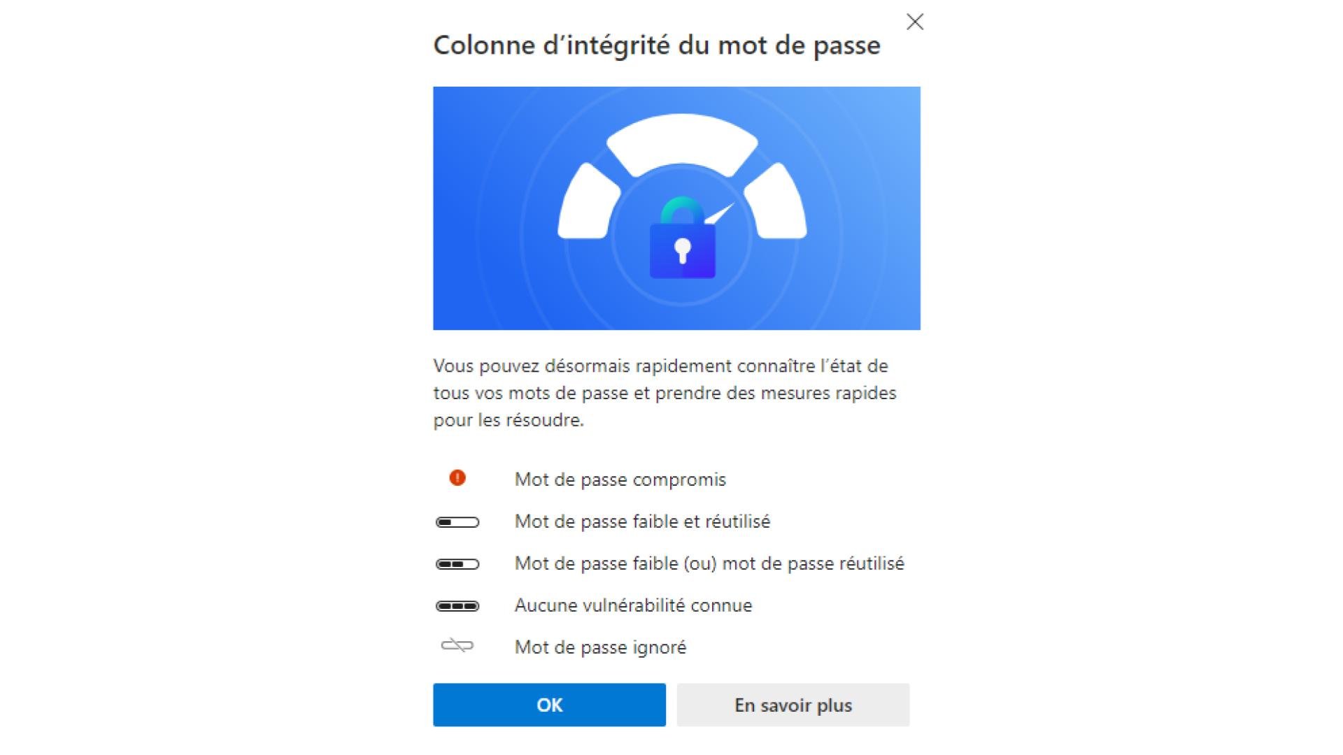 Le nouvel indicateur évaluant l'intégrité de vos mots de passe © Microsoft