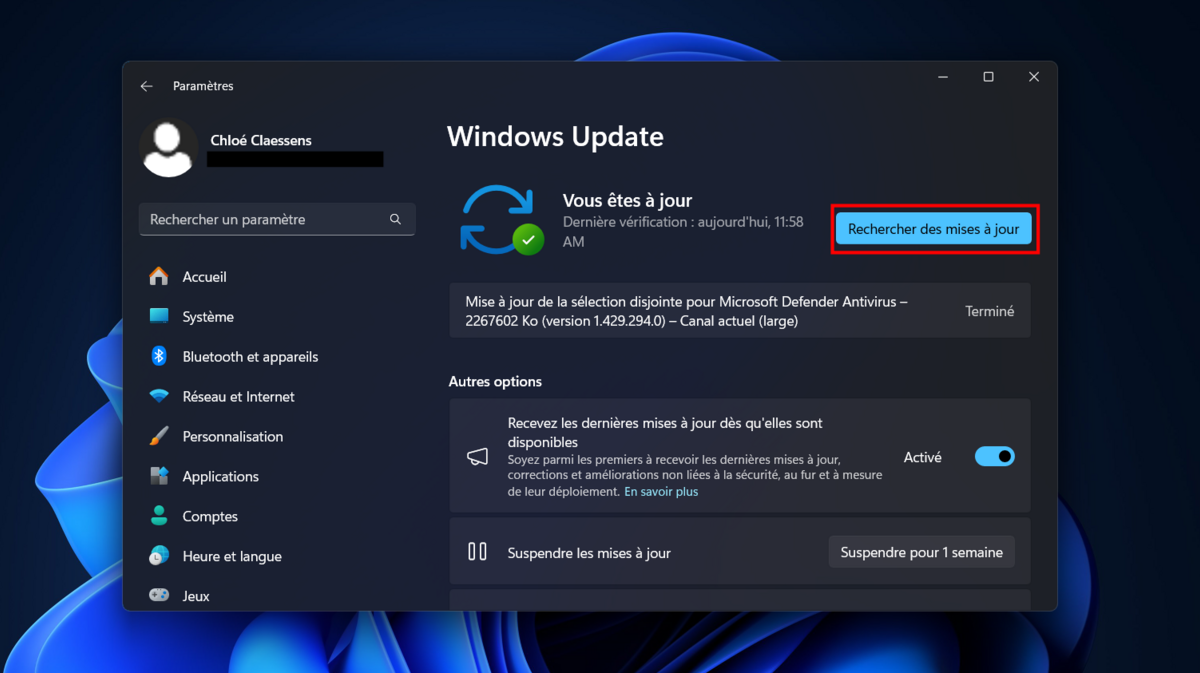 Recherchez les dernières mises à jourd e définitions Microsoft Defender via Windows Update. © Clubic
