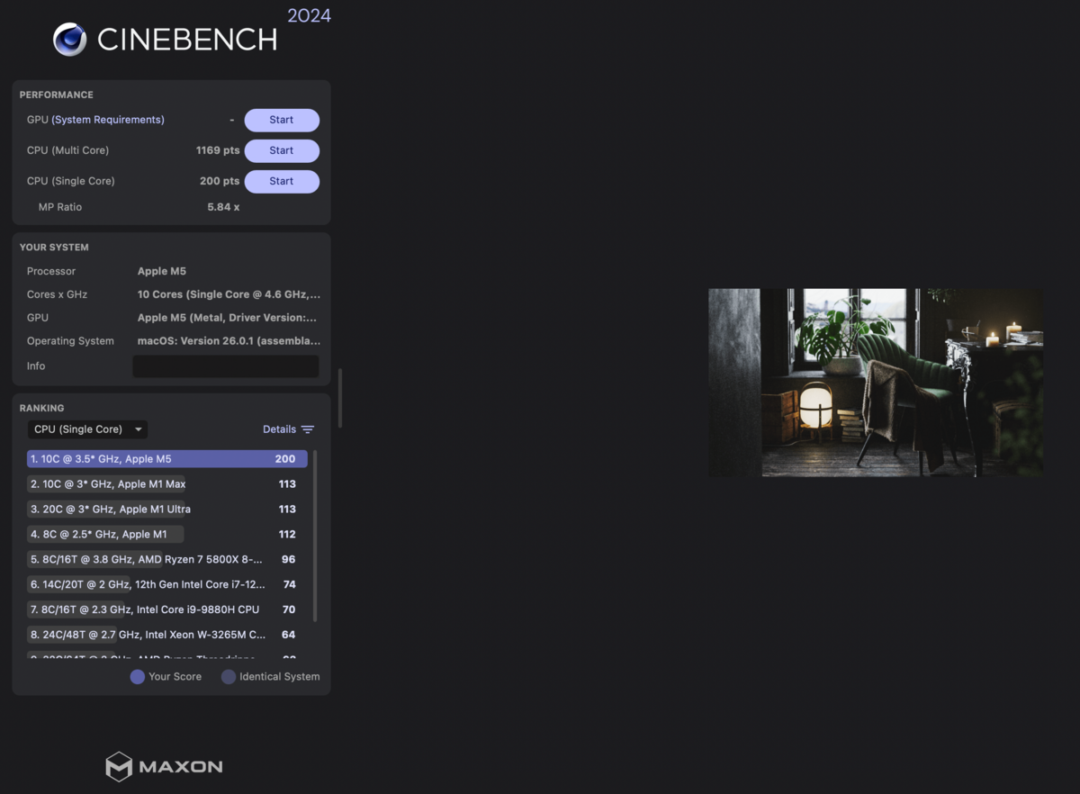 Nos premiers résultats CPU obtenus sur Cinebench R24 montrent un gain de 10-15% face à la puce M4. © Clubic