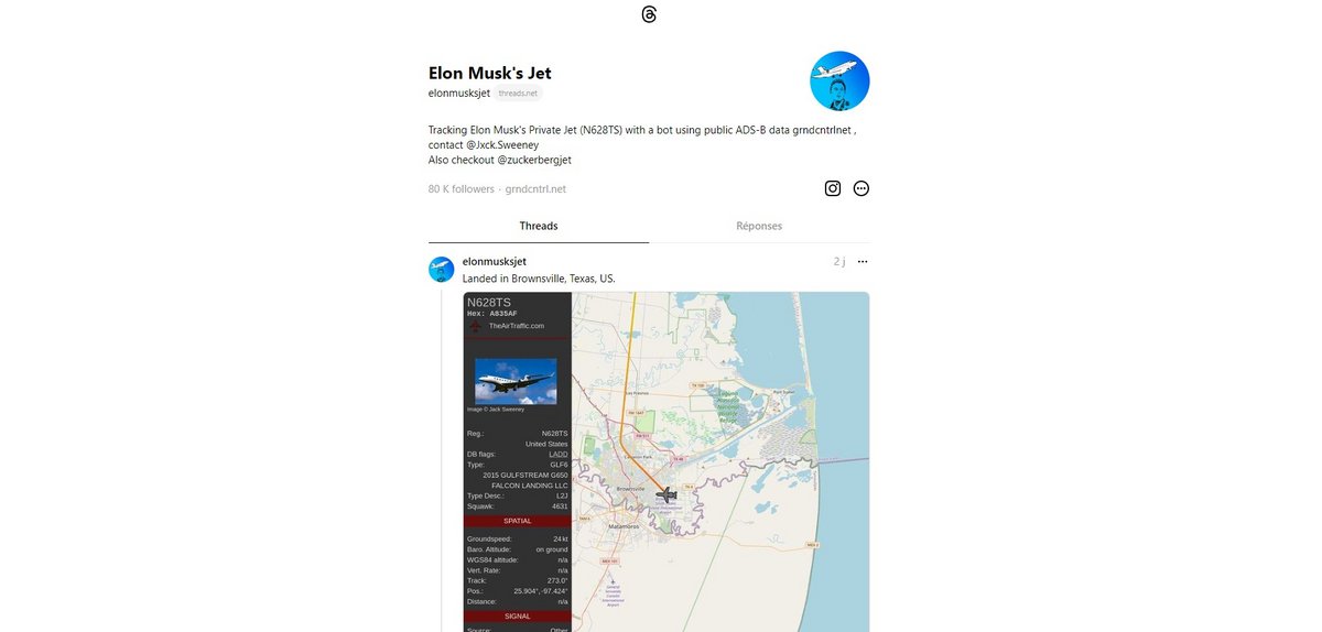 Capture d'écran du compte @elonmusksjet, sur Threads