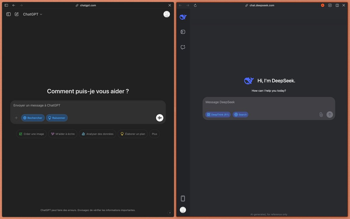 A gauche l'interface de ChatGPT, à droite celle de DeepSeek. ©Naïm Bada pour Clubic