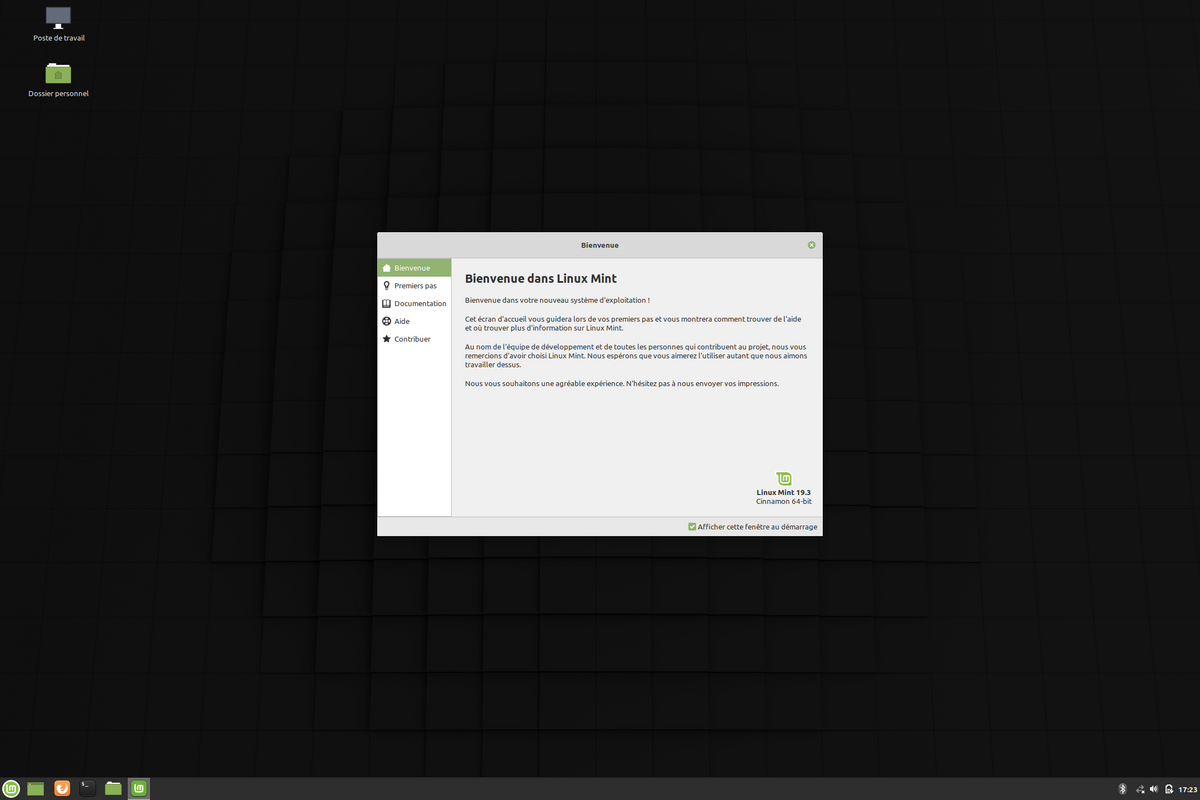 Fenêtre de bienvenue de Linux Mint, offrant un guide pratique pour les nouveaux utilisateurs du système.