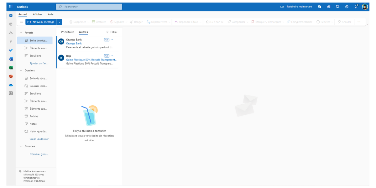 Outlook - Interface de la mailbox