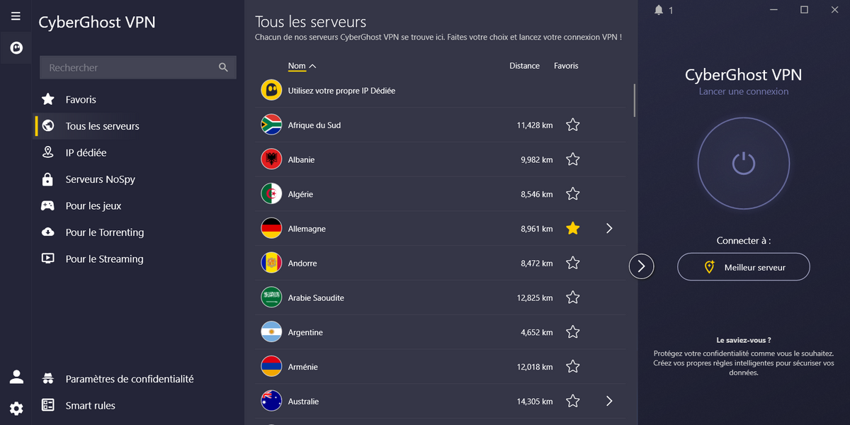 CyberGhost - Les emplacements de connexion couverts par le service. © Clubic