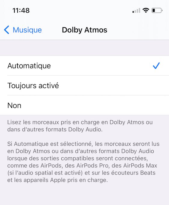 L'option "Toujours activé" vous permettra de forcer l'activation sur des écouteurs et casques non Apple, mais compatibles avec l'audio spatialisé. © Apple