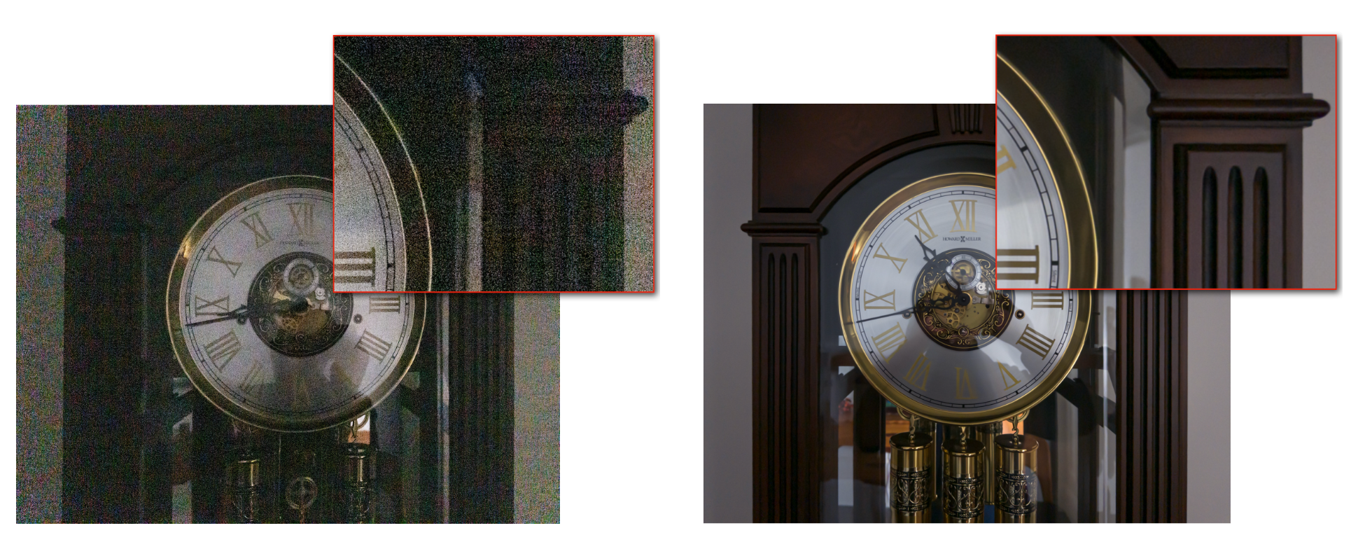 Gauche : 1 seule photo capturée par l'iPhone | Droite : 32 photos superposées par Project Indigo ©Adobe