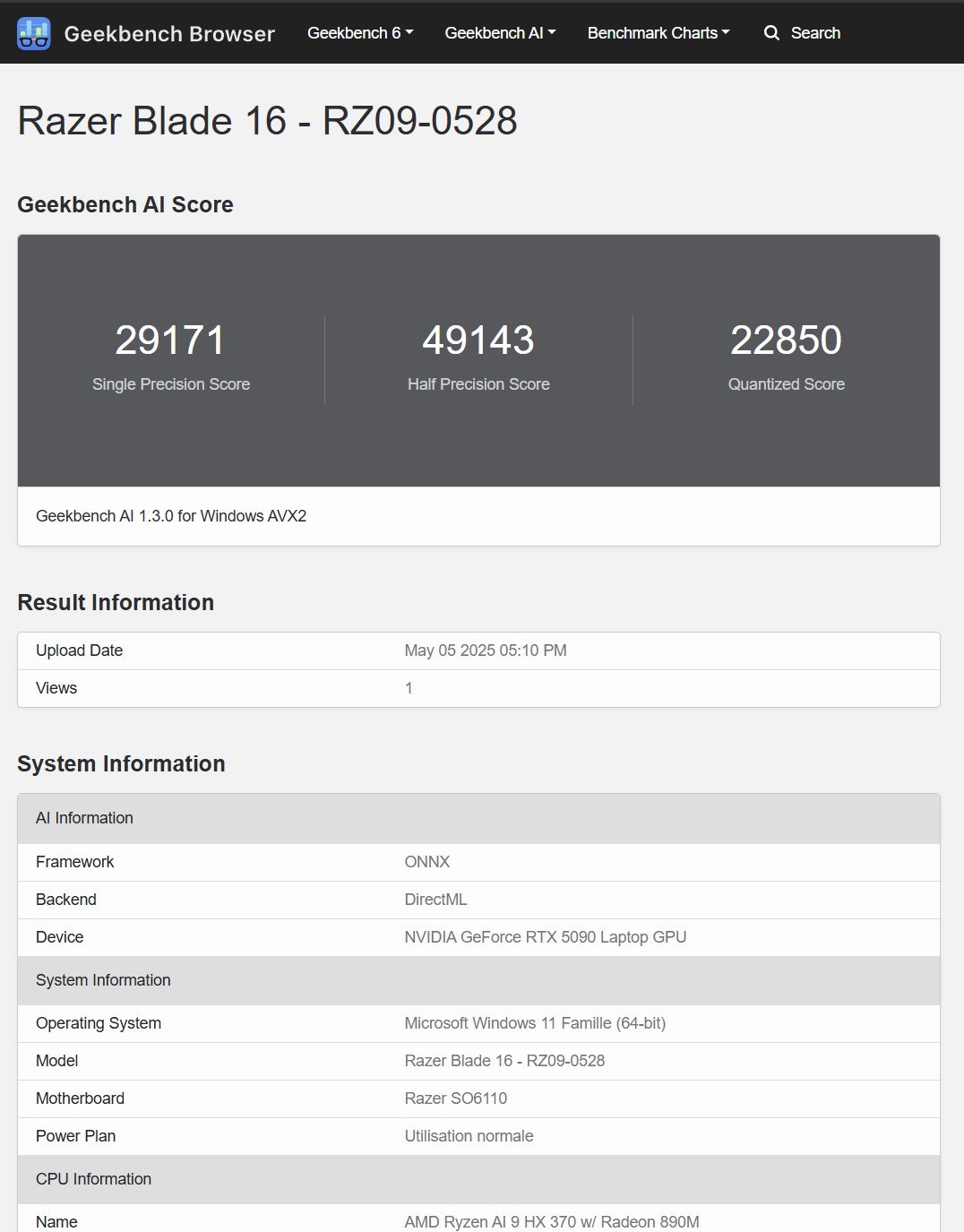 Performances de la RTX 5090 en IA sur Geekbench AI. ©Clubic