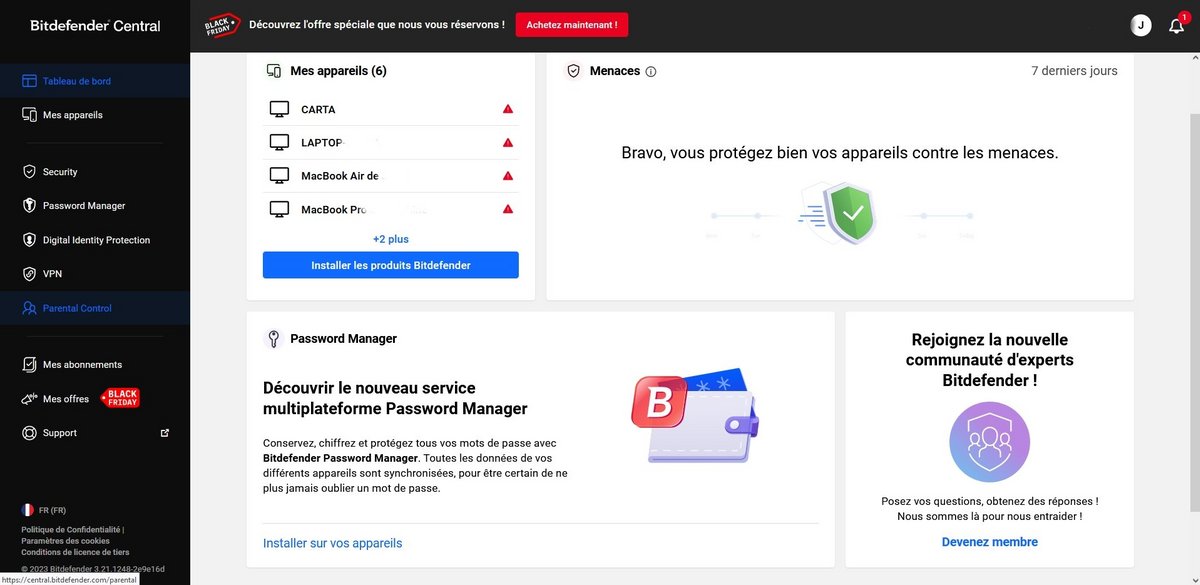 Bitdefender Central - Tableau de bord