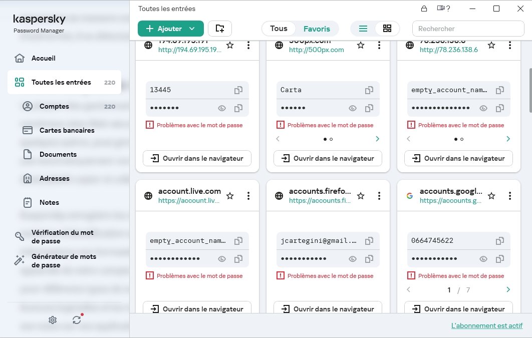 Kaspersky Password Manager - Tableau de bord