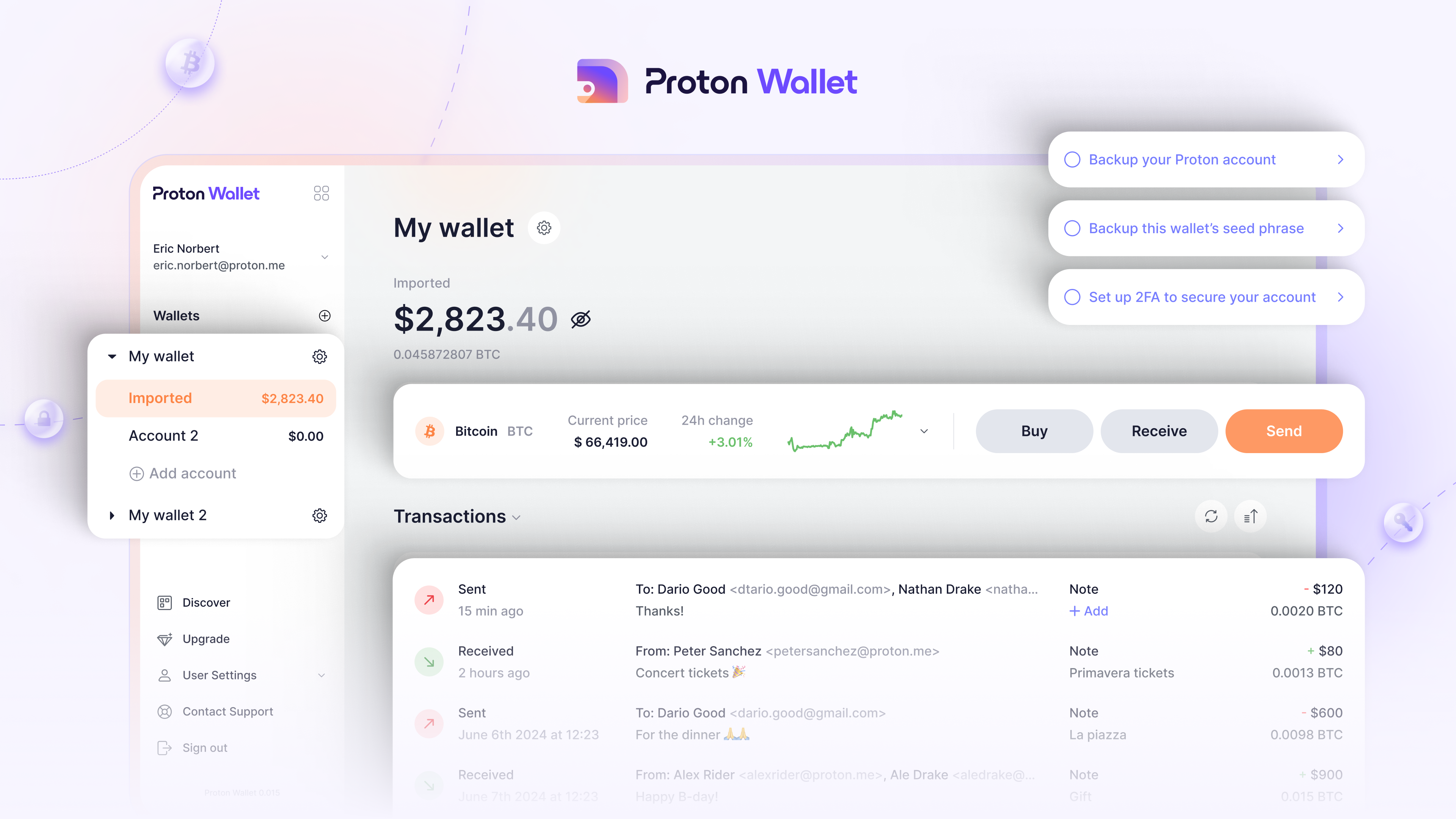 Envoyer et recevoir des bitcoins avec Proton Wallet nécessite une adresse mail Proton © Proton AG