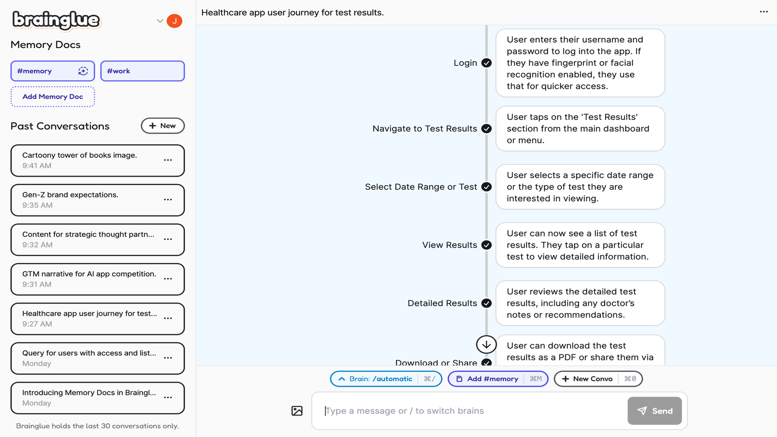 Brainglue est une plateforme IA qui combine conversation, gestion documentaire et mémoire afin d'aider les particuliers et les professionnels à exploiter leurs informations plus efficacement. © Brainglue AI, Inc.