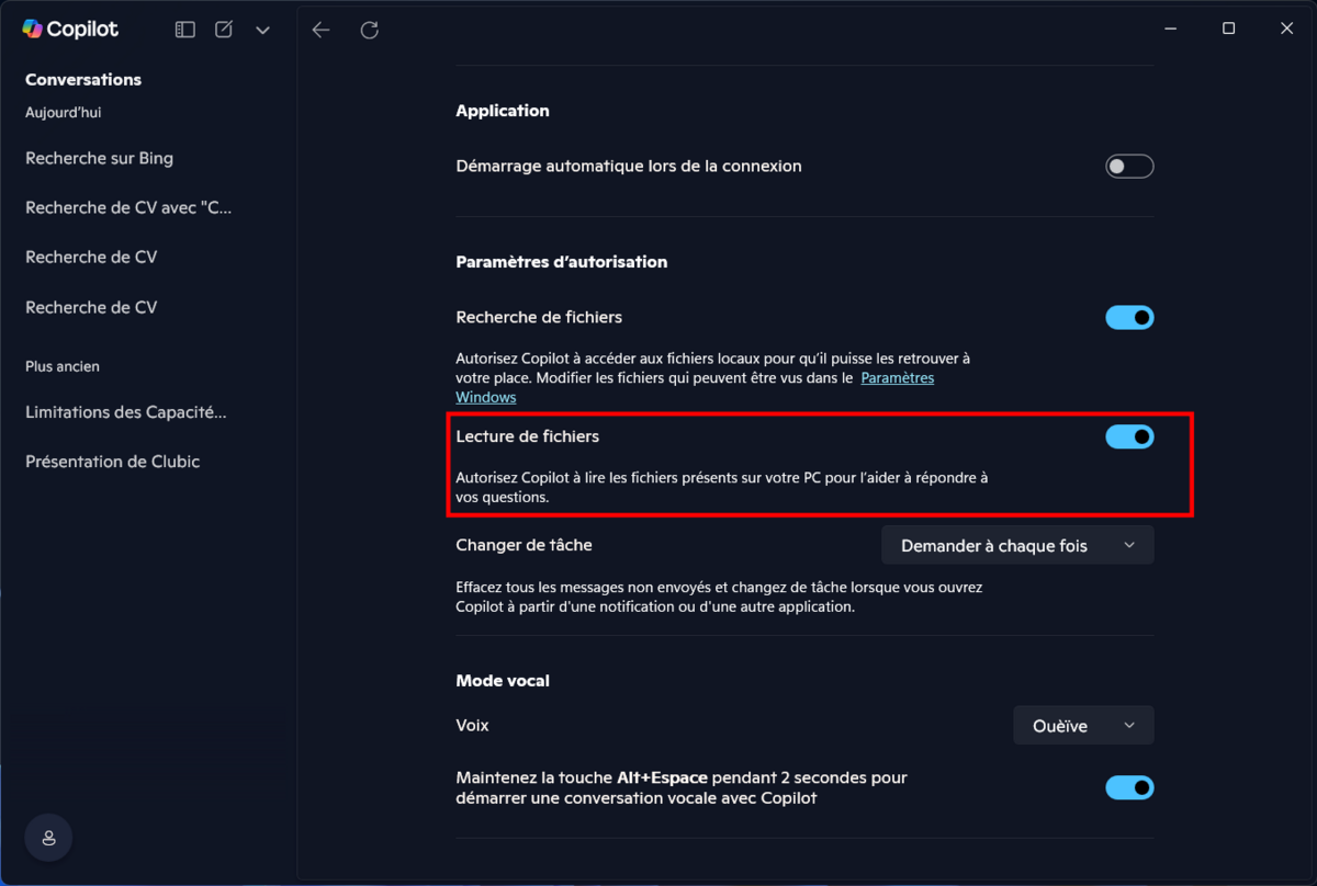 Pour permettre à Copilot d'accéder au contenu de vos fichiers, activez l'autorisation de lecture dans les paramètres de l'appli. © Clubic