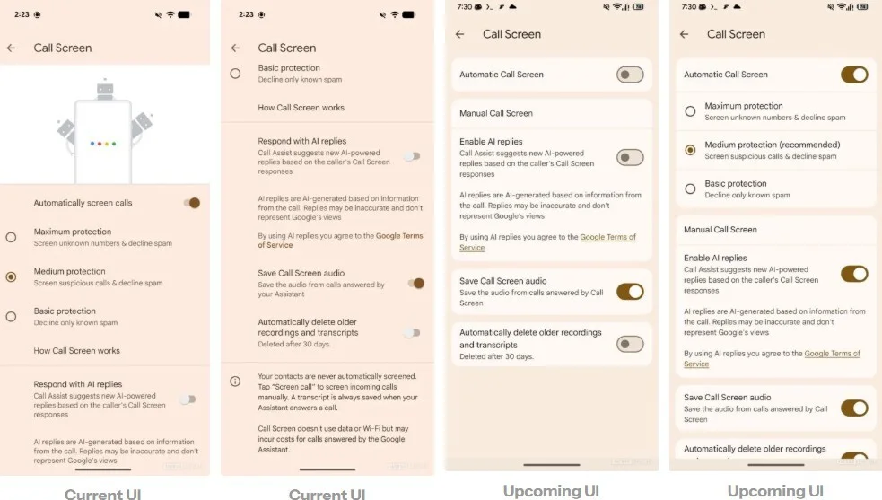 Apparence actuelle et future du menu Écran d'appel dans l'application Phones by Google. ©Android Authority