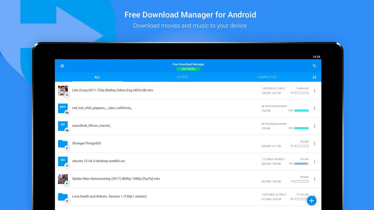 Free Download Manager sur Android : mode rapide activé, films, musique et ISO en file d’attente. - © Free Download Manager