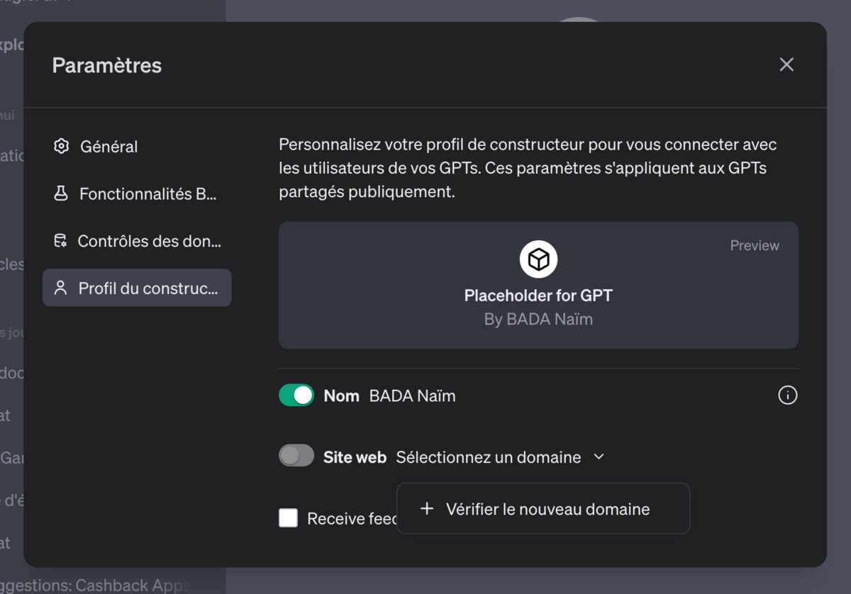 Accessible depuis les paramètres, le profil constructeur est essentiel à la publication d'un GPT. © Clubic