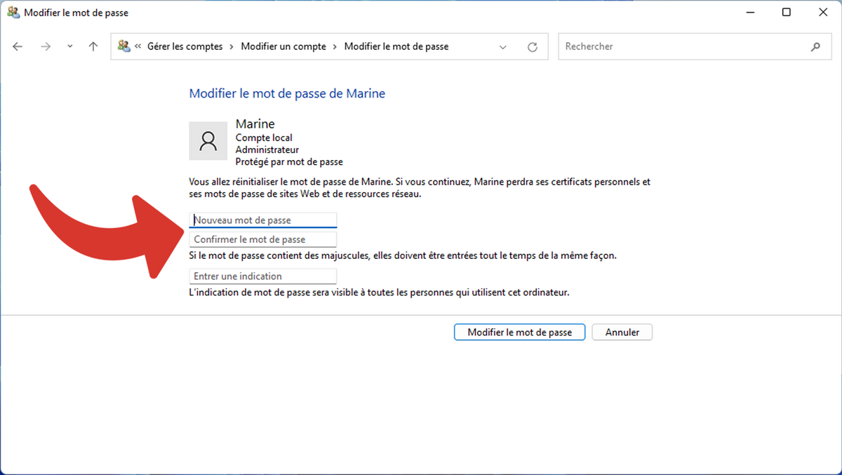 modifier mot de passe windows panneau configuration