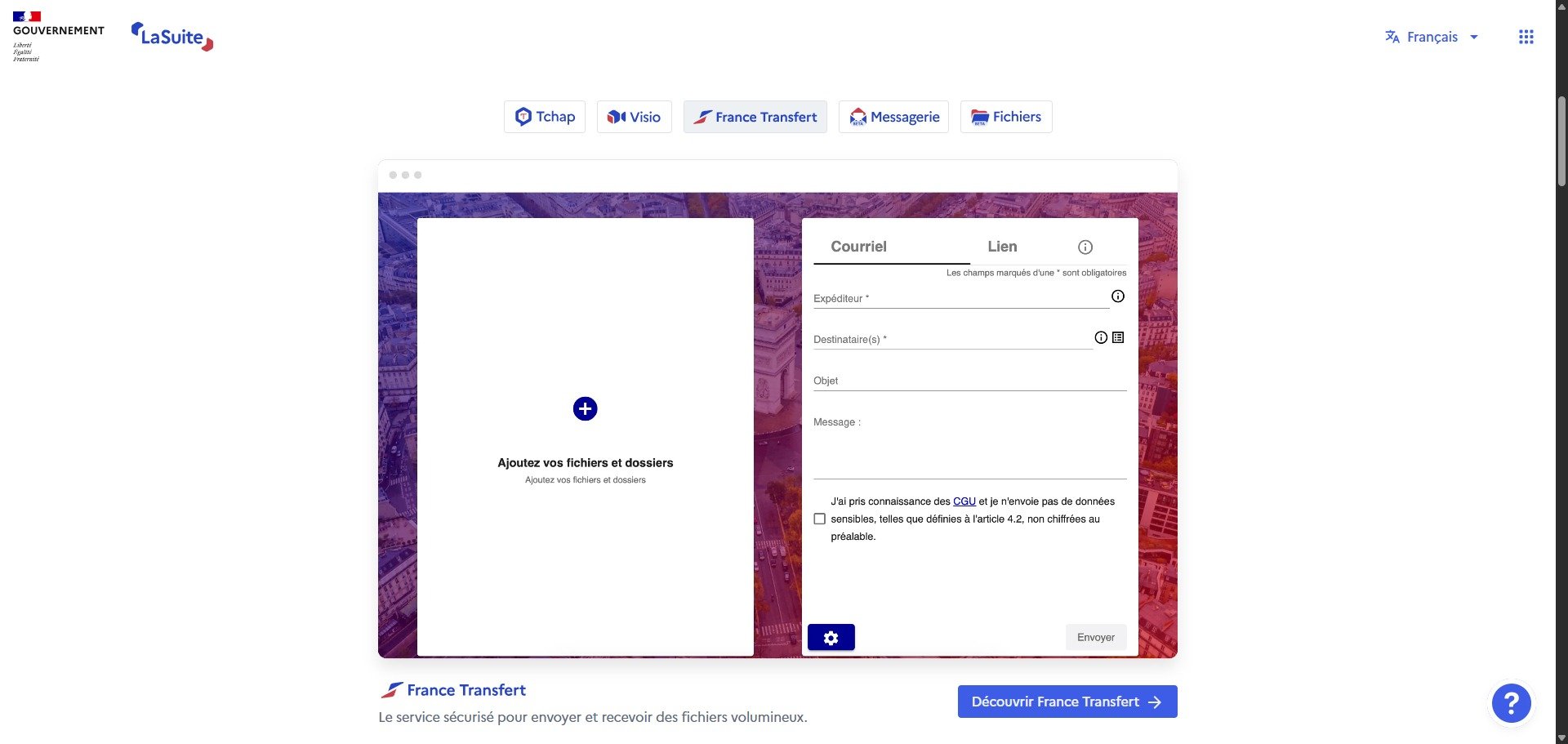 Capture d'écran de la plateforme LaSuite, avec ici le service France Transfert. © Alexandre Boero / Clubic