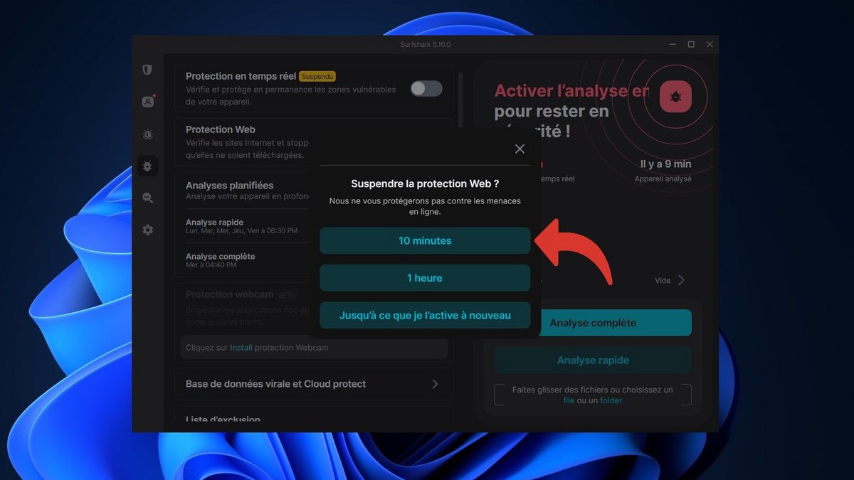 Surfshark Antivirus - Choisissez la durée d'interruption de la protection web © Clubic