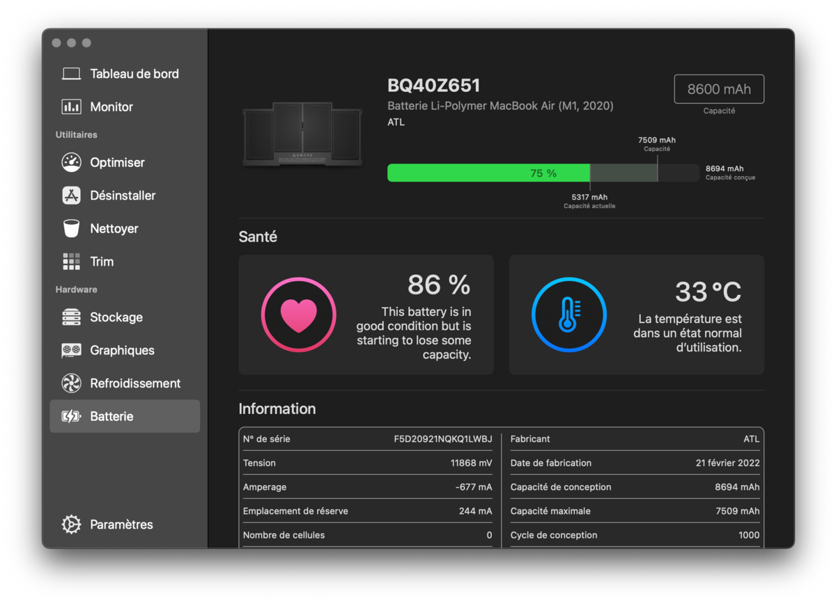 Suivez l'état de votre batterie et obtenez des informations détaillées sur sa santé et ses performances.