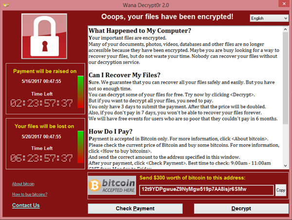 Exemple de demande de rançon avec le ransomware WannaCry