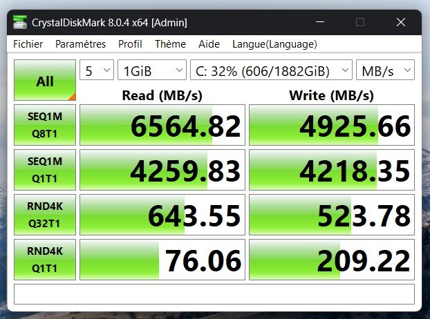 Les vitesses de lecture et écriture du SSD sous CrystalDiskMark. ©Clubic