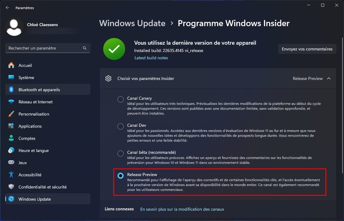 Changez vos paramères Insider pour rejoindre le canal Release Preview © Clubic