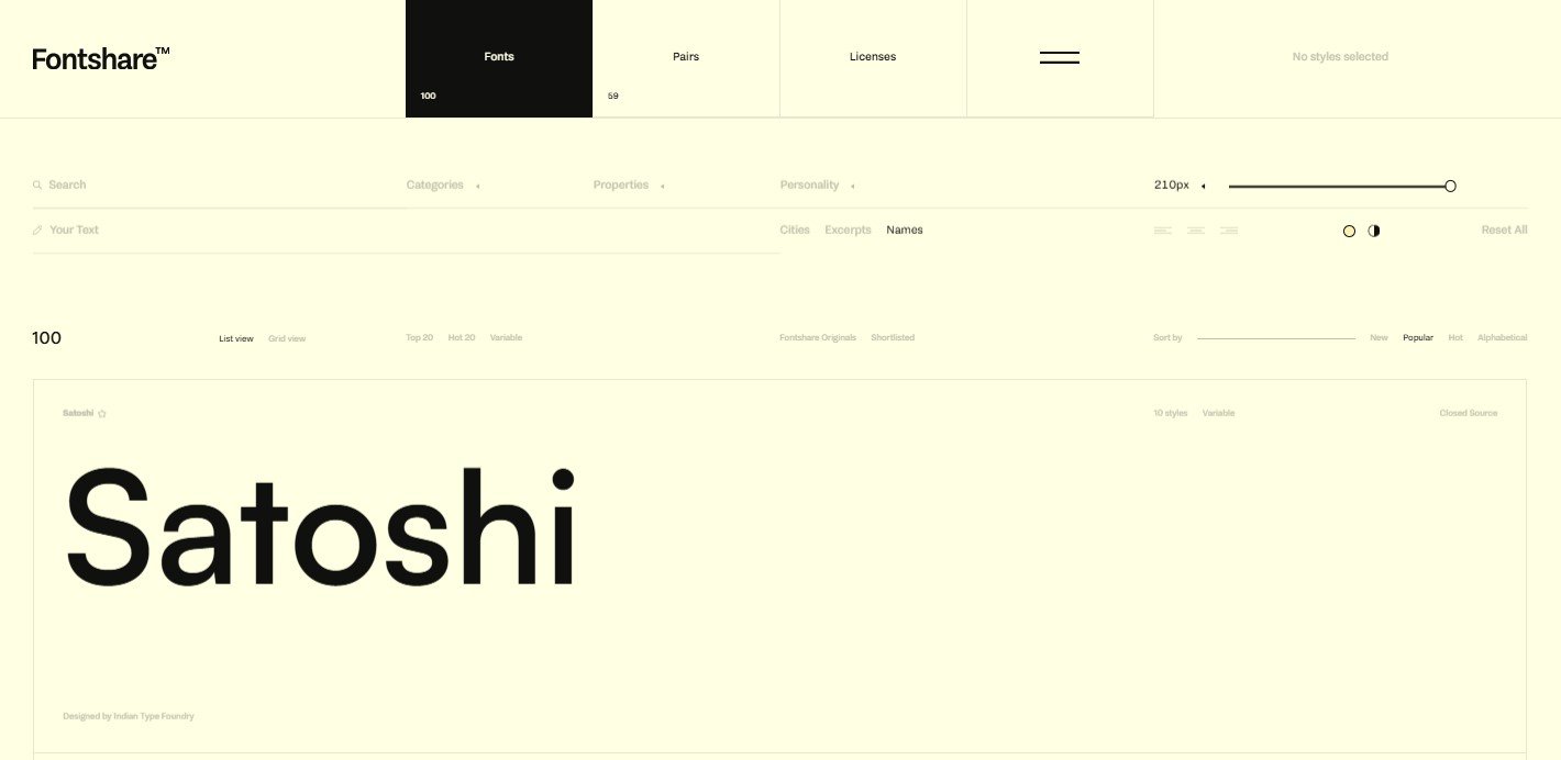 Aperçu de la police Satoshi sur Fontshare, affichée en grand format dans son interface minimaliste, avec les options de catégories, propriétés et style visibles en haut de page.