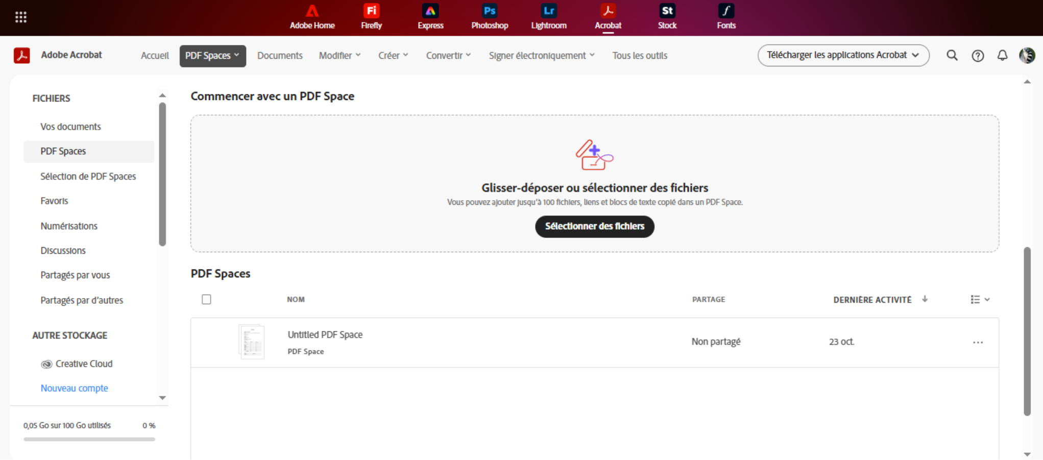 Première étape clef, commencez par créer un nouveau PDF Spaces. 
